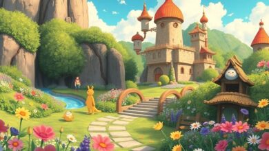 Colorful Studio Ghibli characters in a magical landscape.